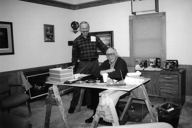 A couple of saw horses and a plywood top made up the desk where partners Jerry Morey, left, and Mike Morey Sr. first laid the foundation for Bandit Industries.