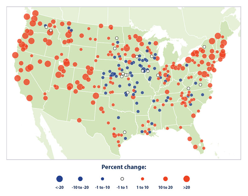 This map shows trends in the total number of growing degree days per year at 305 weather stations. The color and size of the symbols represent percent change between 1948 and 2020.