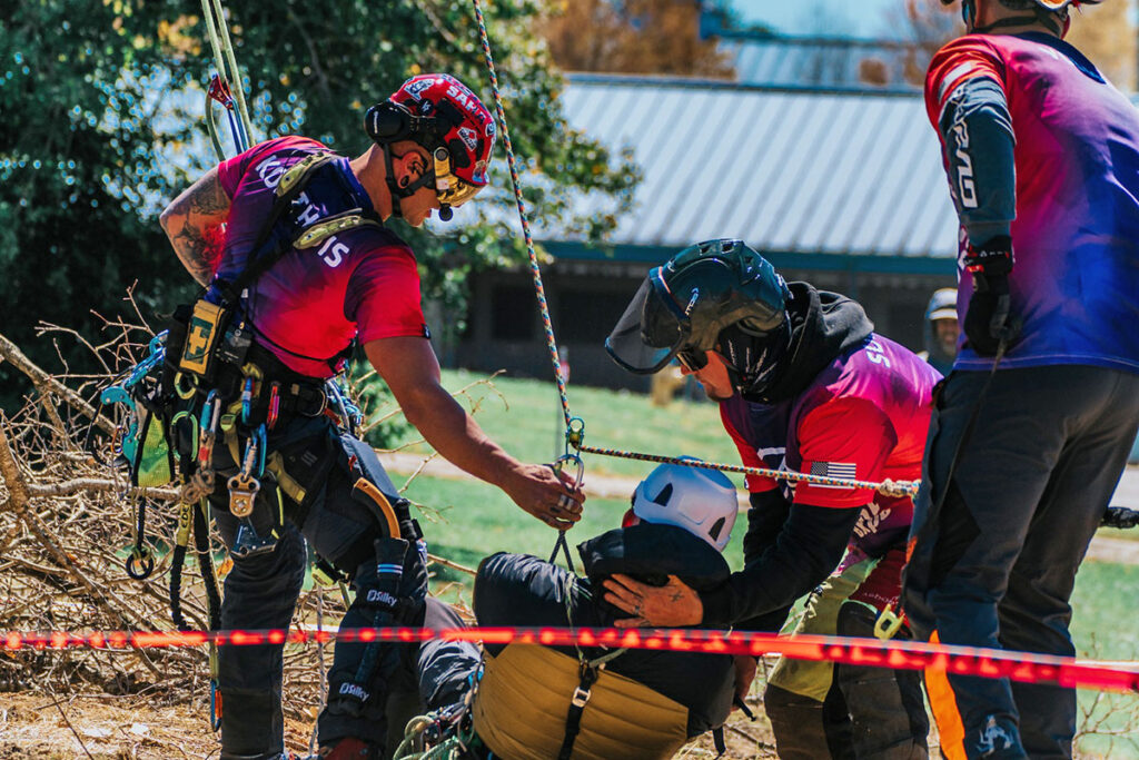 Multiple rigging systems are required to safely lower an injured worker to the ground. Source: Marlon Hoja