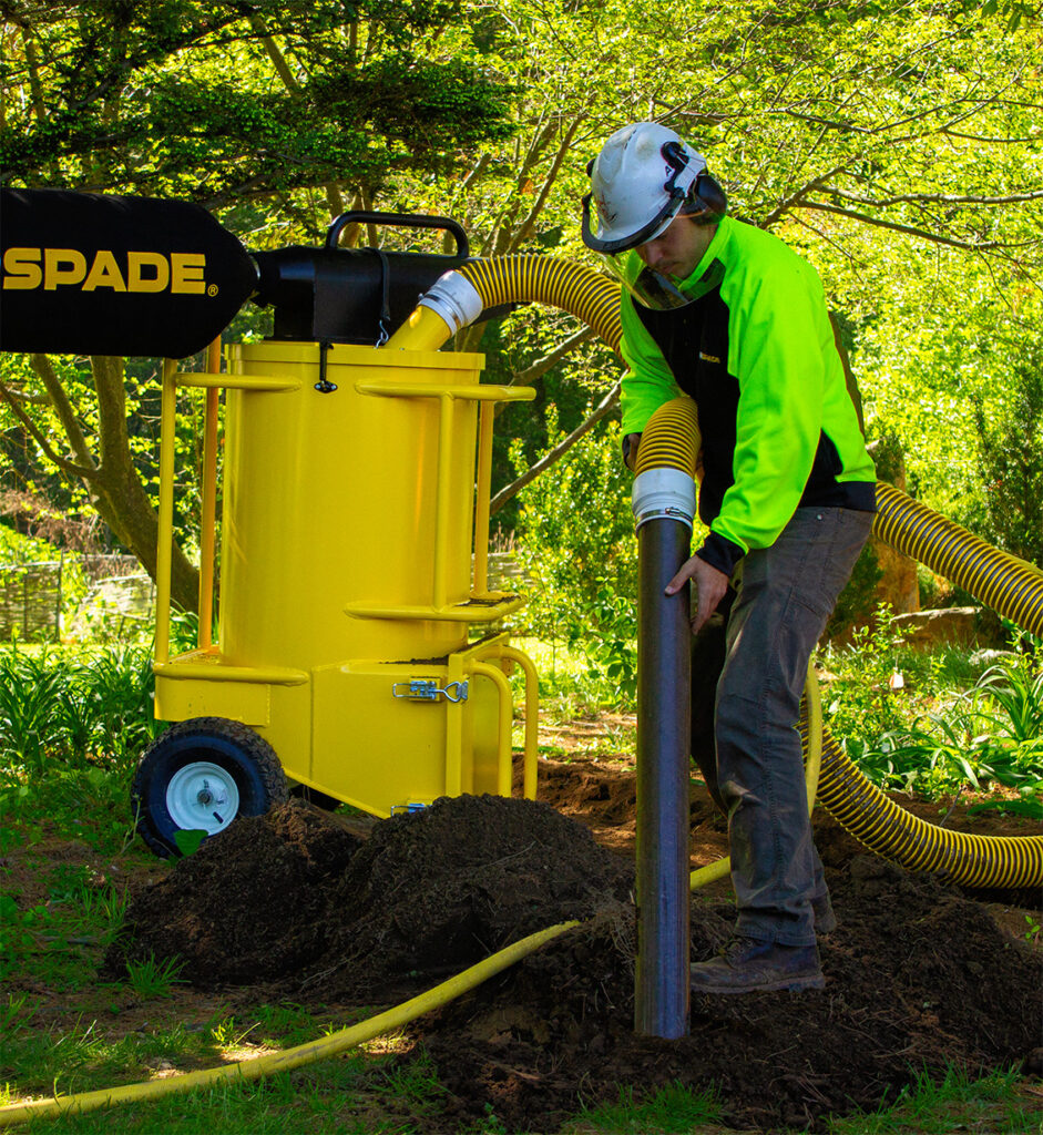 AirSpade’s vacuum excavator is a mobile alternative capable of vacuuming up to two cubic feet per minute of soil, sand, gravel, small rocks, and muck.  Source: Guardair Corp.