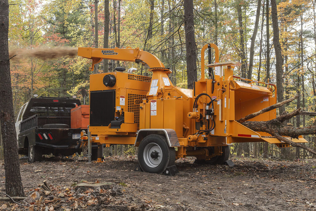 Bandit Industries’ Intimidator 18XP is the company’s most popular hand-fed, drum-style chipper, with an 18-inch capacity and a slide box feed system.  Source: Bandit Industries