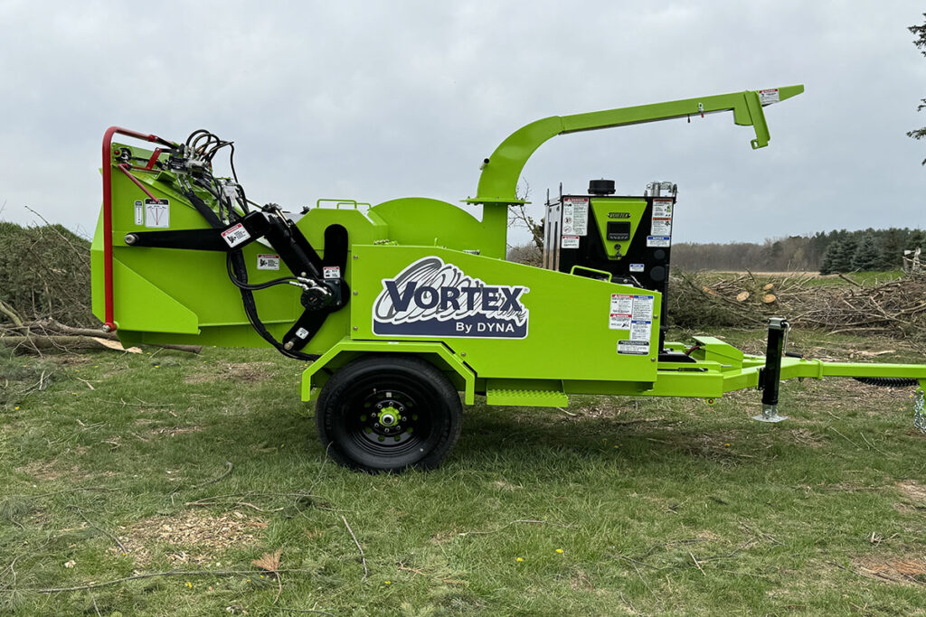 The Vortex V12-31 Brush Chipper has an oversized opening that can easily process limbs, branches, and even small whole trees. Source: DYNA Products