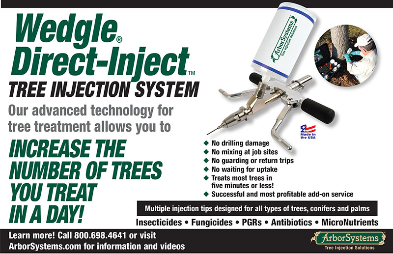 An ad for ArborSystems Wedgle Direct-Inject tree injection system.