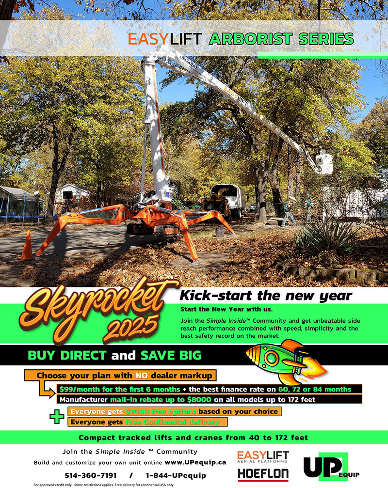 An ad for up equipment with a mini aerial lifts doing tree work.