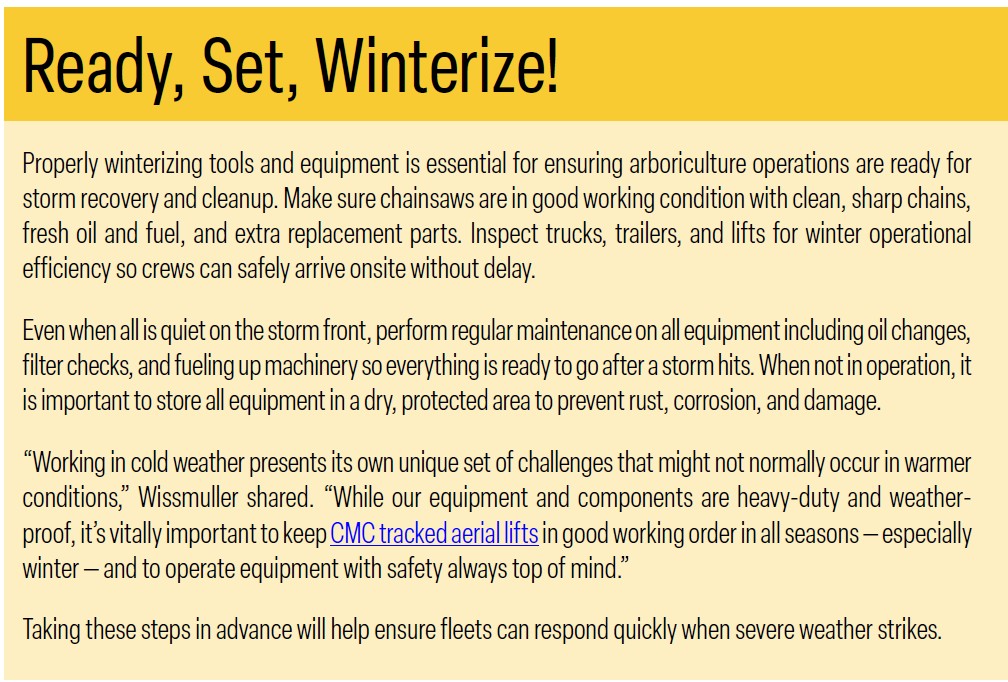 A sidebar saying that properly winterizing tools and equipment is essential for ensuring arboriculture operations are ready for storm recovery and cleanup. 