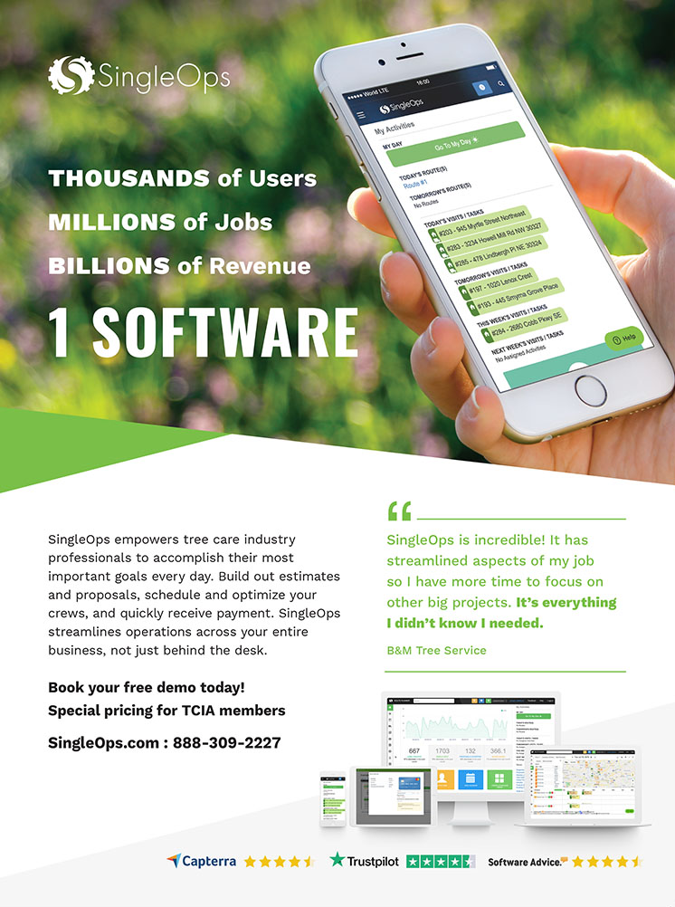 An ad for SingleOps tree care management software.