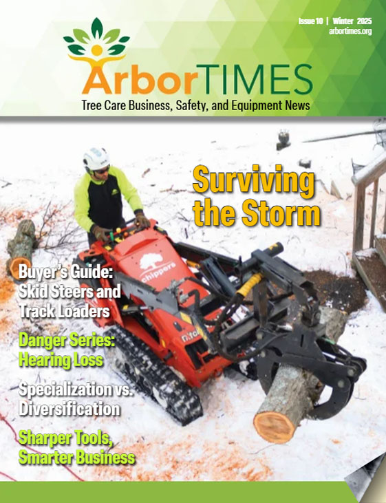 The cover of ArborTIMES Winter 2025 issue depicting a tree worker using a skid steer to move a large log.