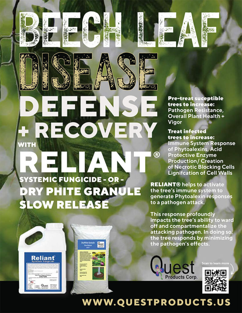An ad for Quest Products - Beech leaf disease defense and recovery.