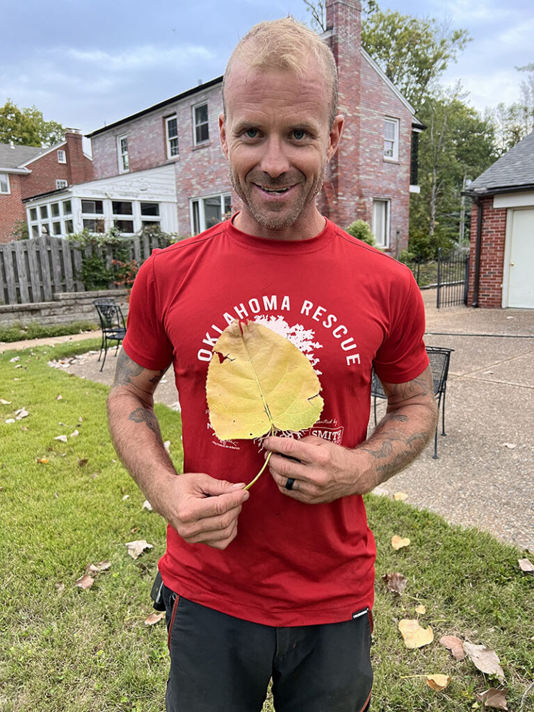 E.J. Turner holding a 3-4x larger leaf post TGR & fertilizer application, Fall of 2025. Source: Ryfe Greenwood